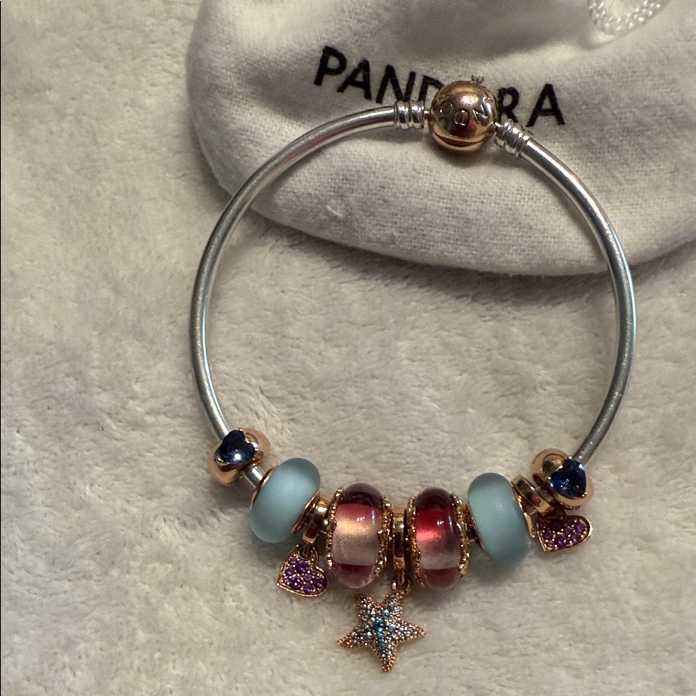 Pandora Silver Bracelet with Pink and Blue Charms